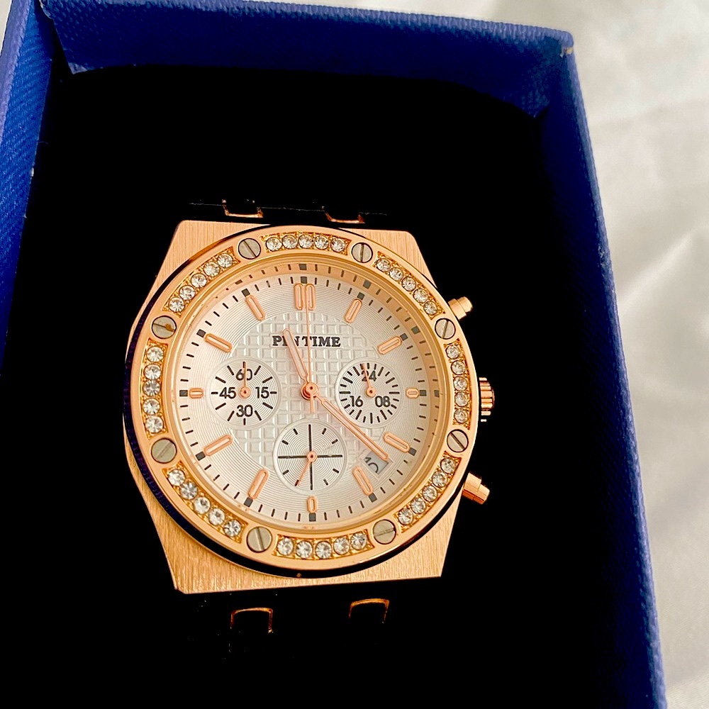 BRAND NEW UNISEX PIN TIME IN ORIGINAL PACKAGING ROSE GOLD W/ BLACK RUBBER BAND